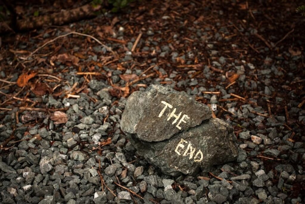A rock with the words "THE END" painted on it, resting on gravel and surrounded by fallen leaves and twigs.