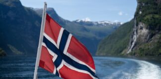 Norwegian Flag above the shore