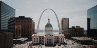 Grand Jury Indicts Nine People in Alleged $9.5 Million Missouri Gambling Ring Aerial shot of St. Louis, Missouri