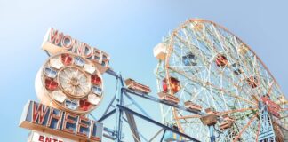 Iconic Wonder Wheel entrance and Ferris wheel at Coney Island on a clear day