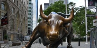 Wall Street Charging Bull statue symbolizing market optimism and stock gains.