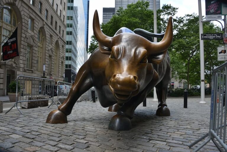 Wall Street Charging Bull statue symbolizing market optimism and stock gains.