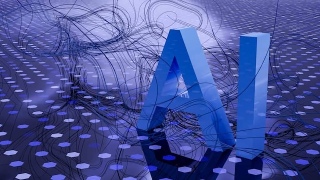 Abstract digital illustration of the letters "AI" surrounded by neural network lines and data nodes.