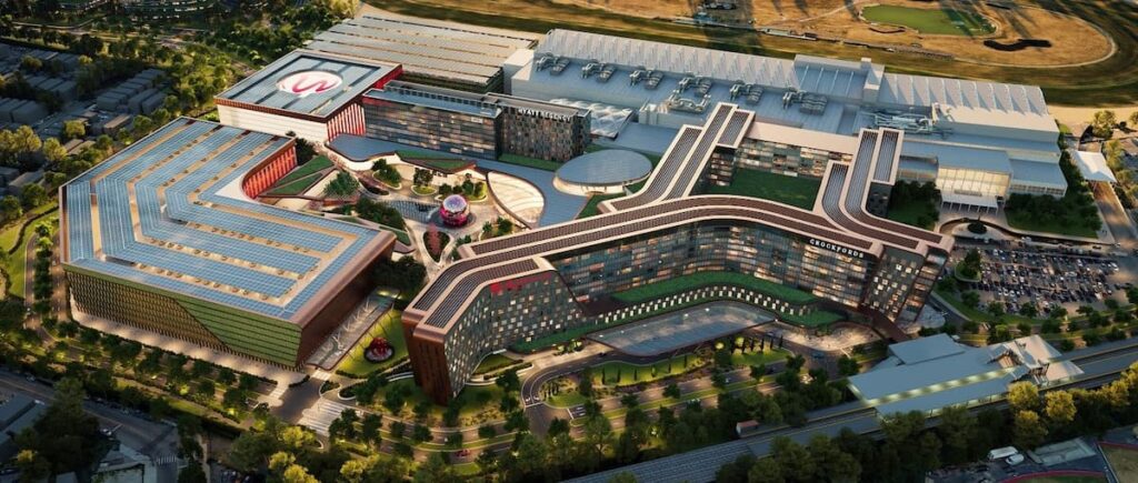 Aerial rendering of the proposed Resorts World New York City casino expansion in Queens.