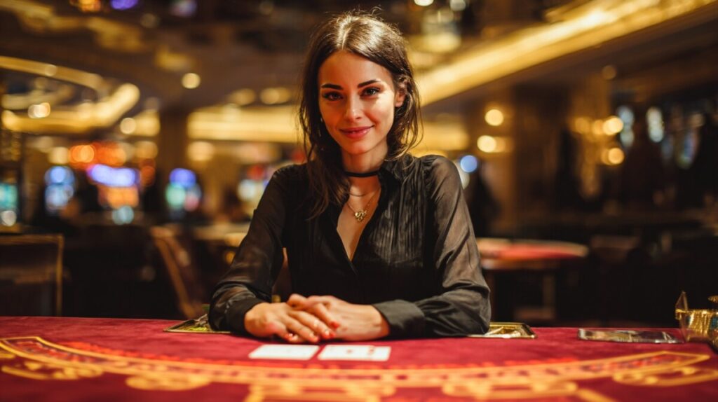 A woman with shoulder-length dark hair sits at a casino table, hands folded, with playing cards visible on a red felt surface.