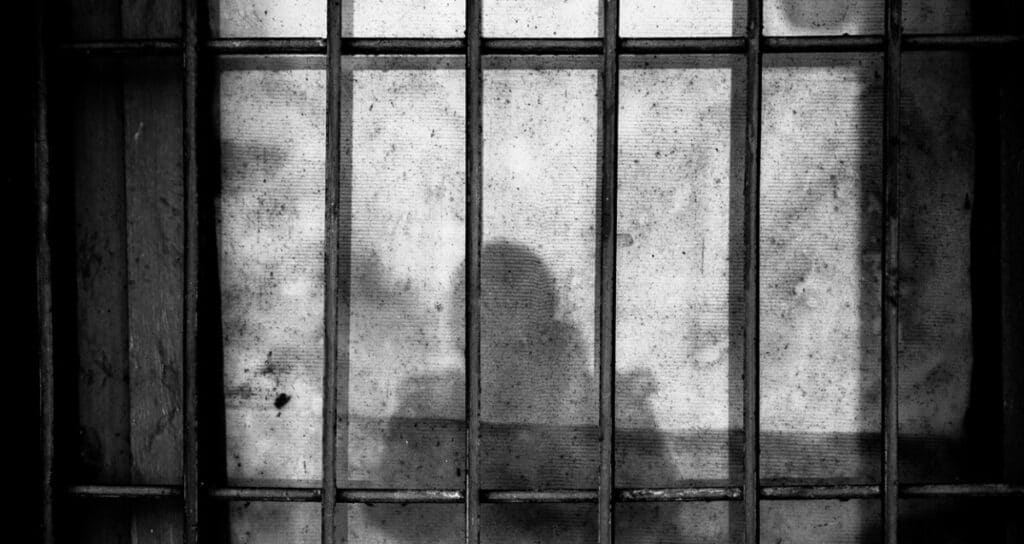 Black and white photo of a shadow behind bars.