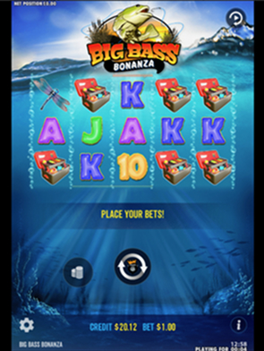 A colorful online slot game titled "Big Bass Bonanza," featuring fish-themed symbols and a betting interface.