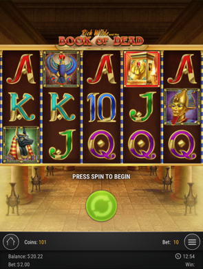 Screenshot of the "Book of Dead" slot game, featuring Egyptian themed symbols, a spin button, and betting details displayed below.