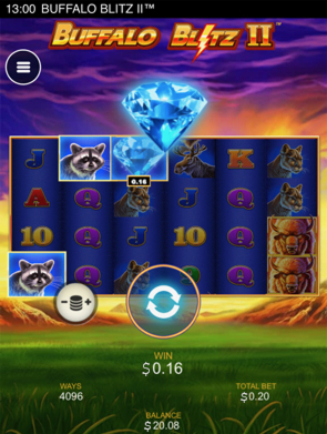 Screenshot of a slot game, "Buffalo Blitz II," showing a win of $0.16 and a balanced total of $20.08 against a vibrant backdrop.