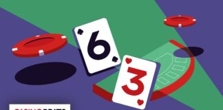 Illustration of a casino scene with a blackjack table, two playing cards showing six of spades and three of hearts, and red poker chips on a green and purple background.