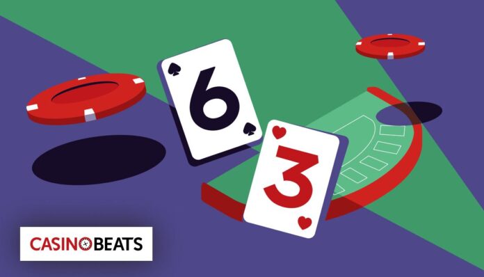 Illustration of a casino scene with a blackjack table, two playing cards showing six of spades and three of hearts, and red poker chips on a green and purple background.