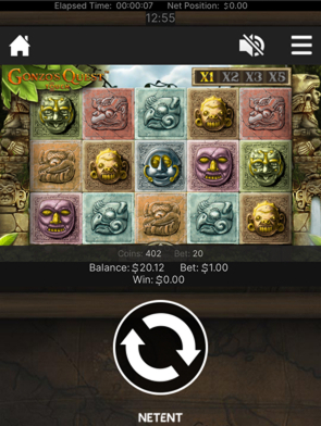 Screenshot of the "Gonzo's Quest" slot game showing symbols, balance, bet amount, and a spin icon at the bottom.