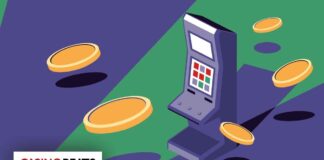 An illustrated slot machine with colorful buttons, surrounded by falling golden coins, representing a vibrant casino atmosphere.