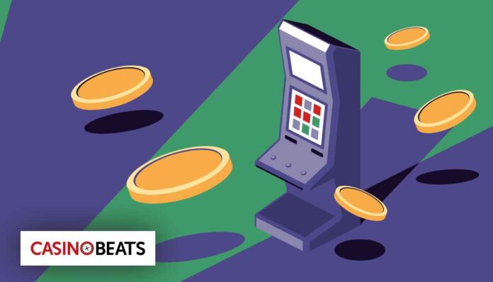 How RTP Affects Your Casino Winnings An illustrated slot machine with colorful buttons, surrounded by falling golden coins, representing a vibrant casino atmosphere.