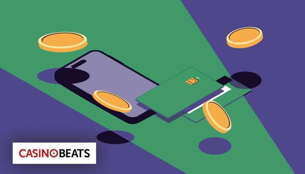 An illustration of a smartphone, a card, and coins, symbolizing online gaming or digital transactions, over a colorful background.