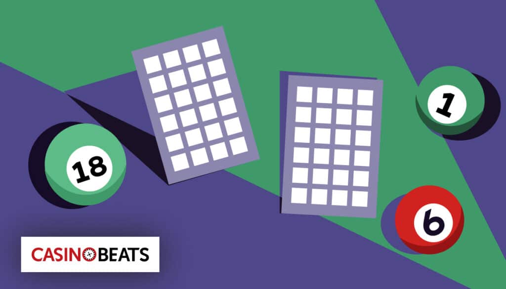 Illustration of two bingo cards on a green and purple geometric background, accompanied by bingo balls numbered 18, 1, and 6