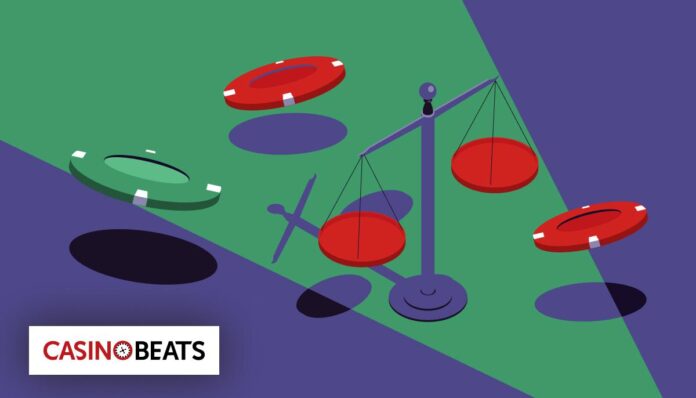 How to Tell if an Online Casino Is Trustworthy A graphic depicting a balance scale with red and green casino chips, symbolizing equity in gambling.