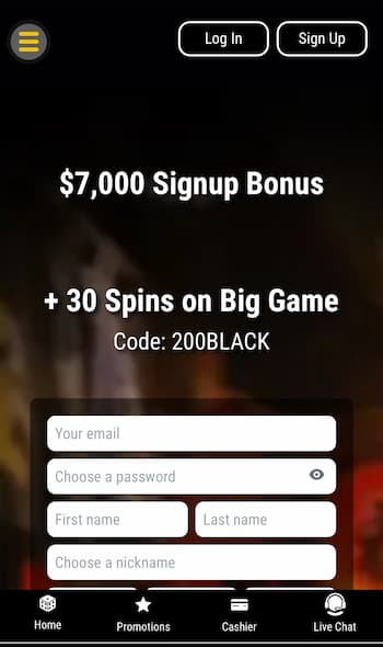 Welcome bonus and sign up form at Black Lotus Casino