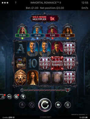 Slot machine screen from "Immortal Romance II" showing five reels featuring various characters, symbols, and "Wild Desire Multiplier" at the top. Dark, mysterious ambiance.