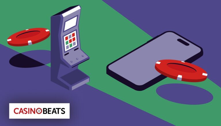 Illustration of a slot machine and smartphone with poker chips on a purple and green background.