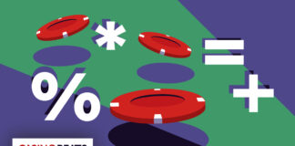 Red poker chips float amid math symbols on a purple and green background
