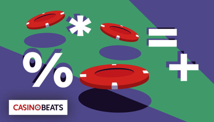 Red poker chips float amid math symbols on a purple and green background