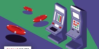 Illustration of two slot machines with colorful buttons, surrounded by red casino chips on a green and purple background.