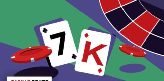 Two playing cards—7 of clubs and King of hearts—lie next to a red casino chip on a colorful gaming table.