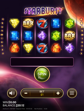 Starburst slot machine displayed against a cosmic space background filled with stars and galaxies.