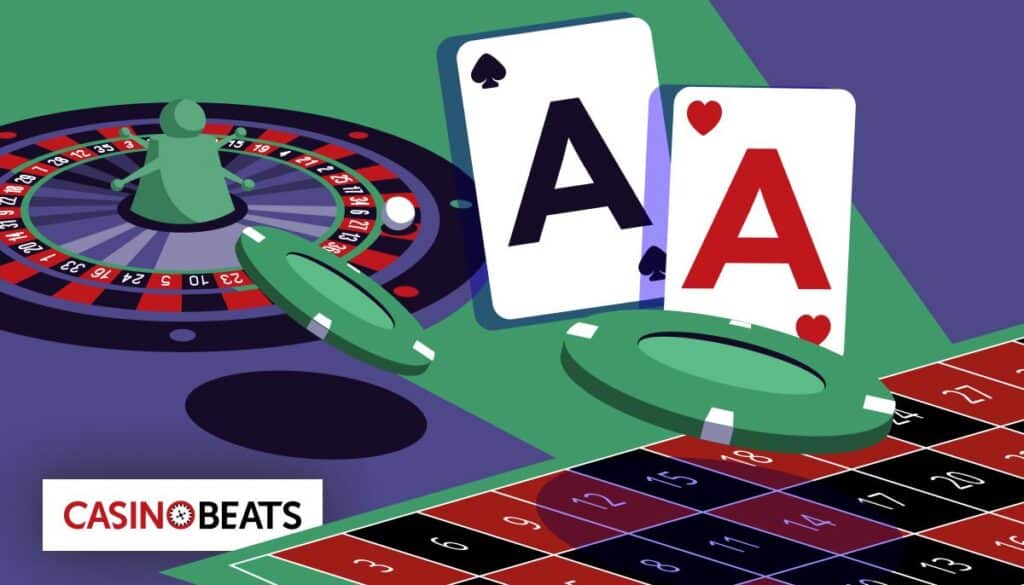 Two aces, a green betting chip, and a roulette wheel with a ball, set against a colorful casino-themed background.