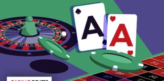 Two aces, a green betting chip, and a roulette wheel with a ball, set against a colorful casino-themed background.