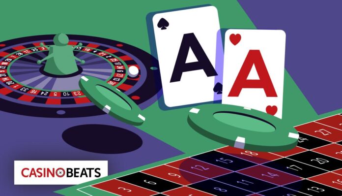 Top Low House Edge Casino Games for 2025 Two aces, a green betting chip, and a roulette wheel with a ball, set against a colorful casino-themed background.