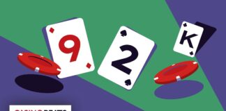 Illustration of playing cards showing a 9 and a 2, alongside a King, with red poker chips, branded with "CasinoBeats."