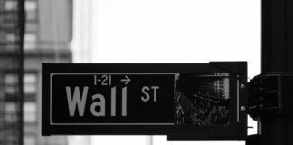 Wall Street street sign in black and white.