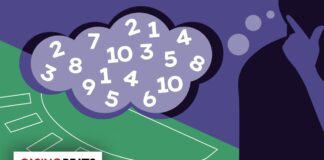Graphic featuring numbers in a thought bubble, with a casino table background