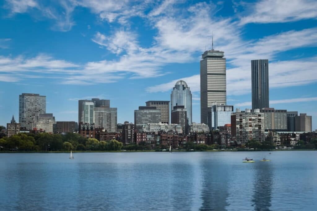 Boston skyline viewed from across the Charles River on a clear day.