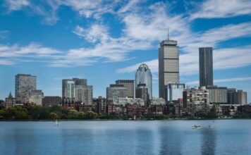 Boston skyline viewed from across the Charles River on a clear day.