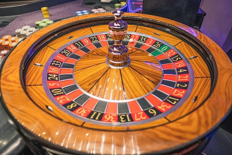 Close-up view of a roulette wheel at a casino.