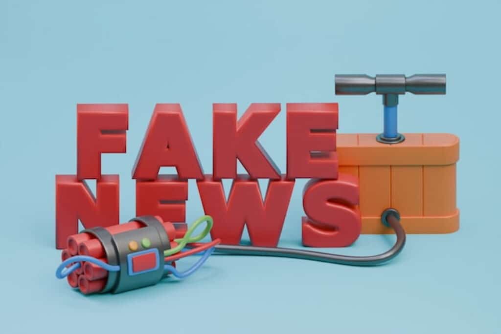 3D illustration of the phrase "Fake News" with cartoon-style dynamite and detonator