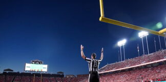 Football referee signaling touchdown in stadium during game