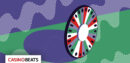 Illustration of a roulette wheel with colorful segments on a purple and green abstract background