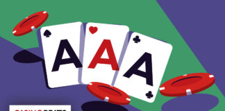 Could This Be the Best 3 Card Poker Strategy You Will Ever Read? Illustration of three playing cards showing aces of spades, hearts, and clubs, surrounded by red poker chips