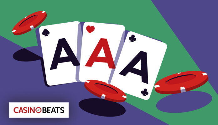 How to 3 card poker Illustration of three playing cards showing aces of spades, hearts, and clubs, surrounded by red poker chips