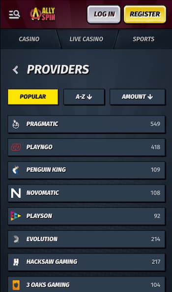Game providers at AllySpins Casino