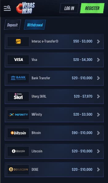 Vegas Hero Casino deposit methods