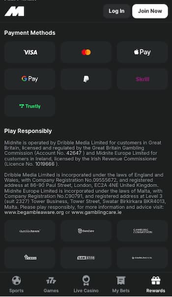 Midnite online casino payment methods