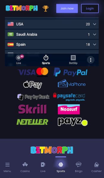 Payment methods at BetMoprh in the UK