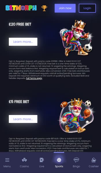 Free bet bonuses at Betmorph in the UK