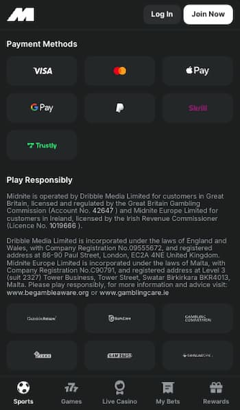 Midnite sportsbook payment methods