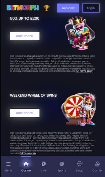BetMorph reload and free spins bonuses in the UK